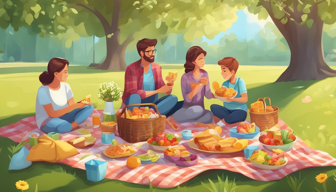 A family picnic in a sunny park, with a colorful blanket spread out on the grass, a wicker basket filled with treats, and a bouquet of flowers