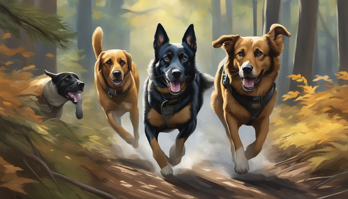 Hunting dogs navigating through dense Massachusetts forest, scenting and tracking prey during training and trials