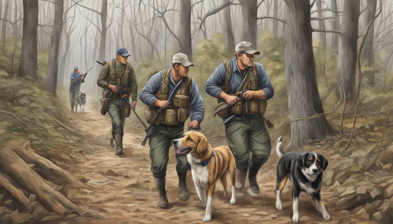 Dogs and their handlers navigating through a wooded area during a hunting trial in Illinois