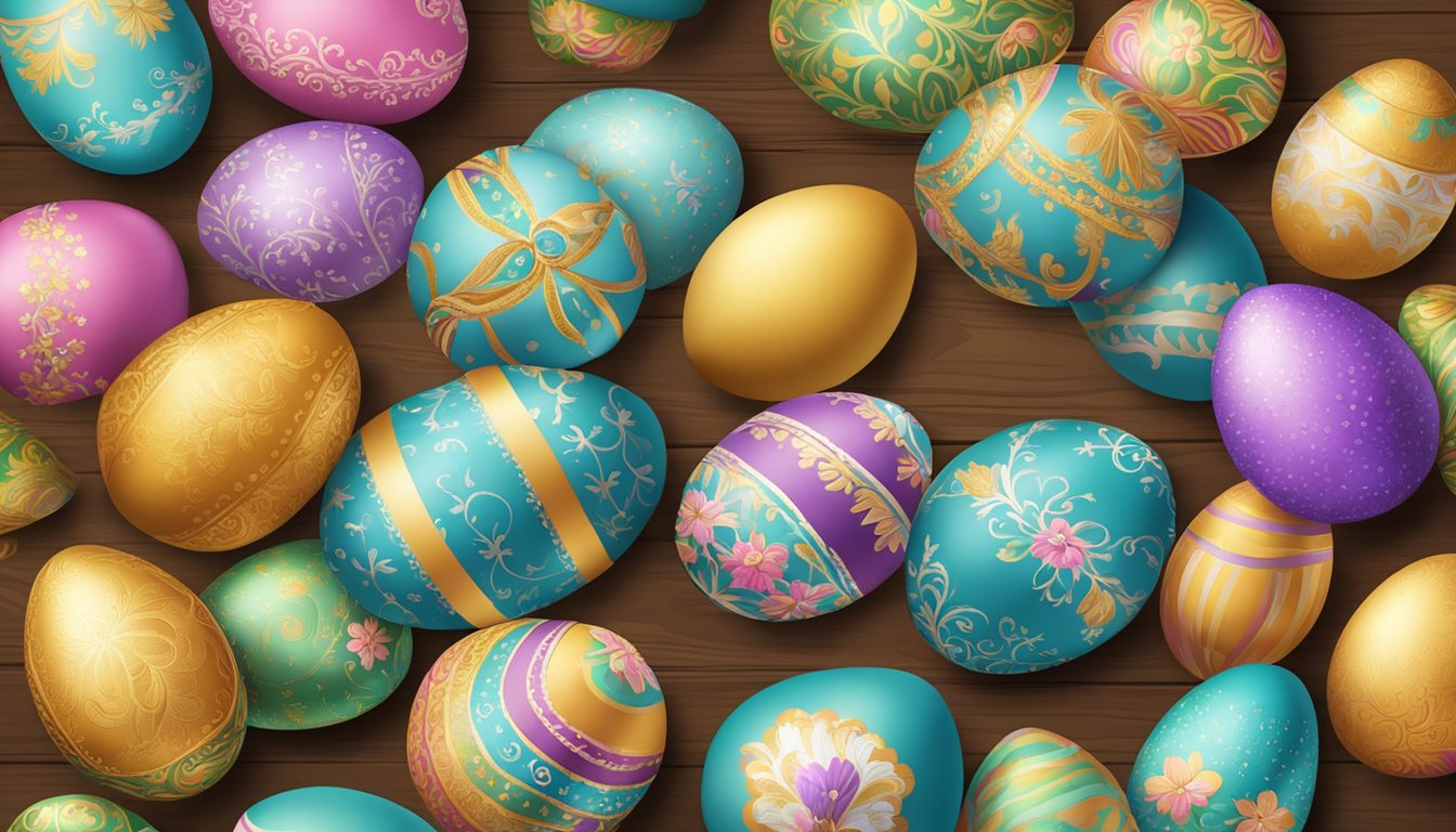 A table adorned with colorful Easter eggs, some painted with intricate designs, others adorned with glitter and ribbons, showcasing the historical significance and creative possibilities of the holiday tradition