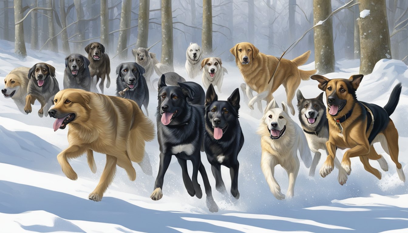 A pack of hunting dogs with various breeds and characteristics running through the Massachusetts wilderness, eagerly sniffing out prey