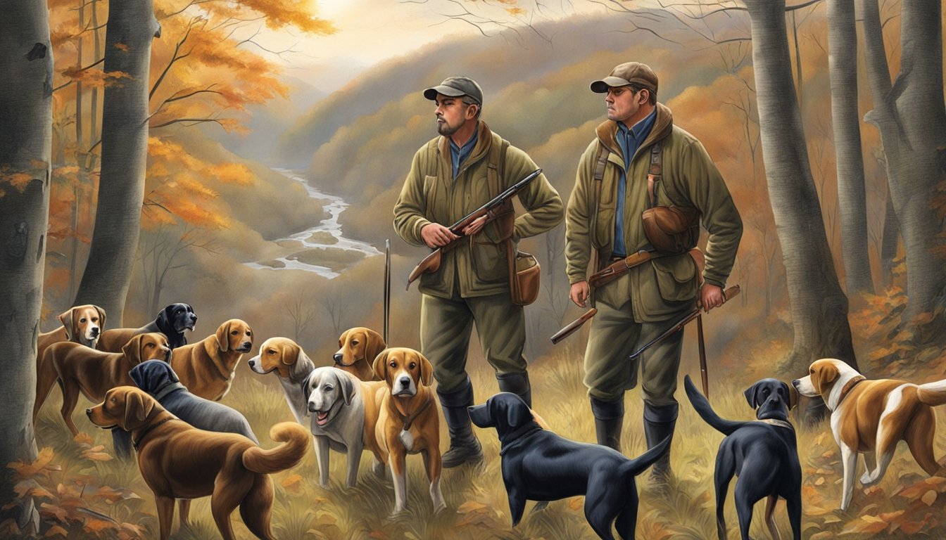 Hunting dogs and their trainers prepare for a hunt in the wooded hills of Pennsylvania