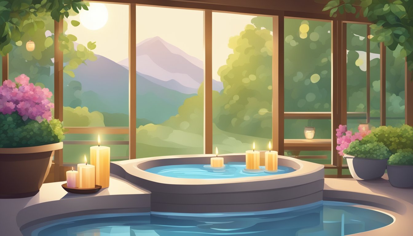 A serene spa scene with a bubbling hot tub, plush towels, aromatic candles, and a peaceful garden view for Mother's relaxation day