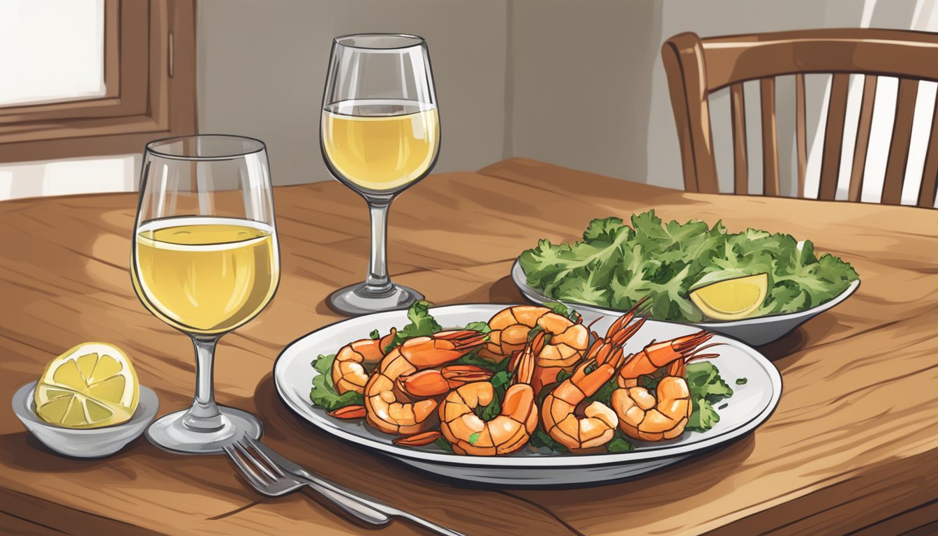 A plate of sizzling cajun style shrimp next to a glass of white wine on a wooden dining table