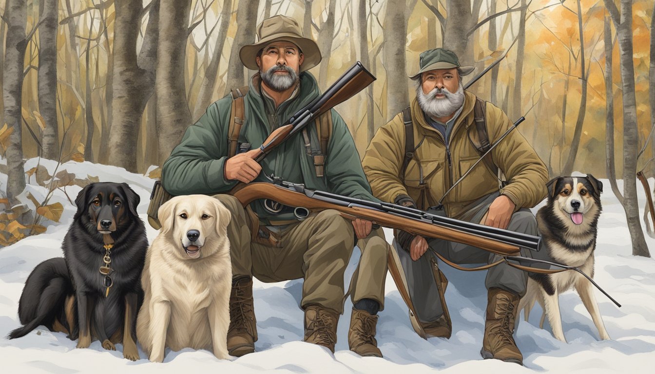 A hunter in Massachusetts with hunting equipment and firearms, accompanied by dogs