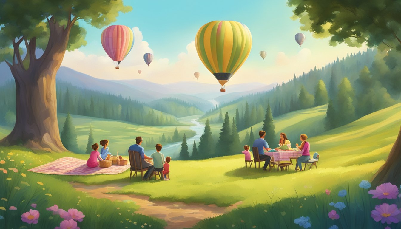 A family picnicking in a lush, vibrant meadow, surrounded by towering trees and a winding stream. A colorful hot air balloon floats in the distance