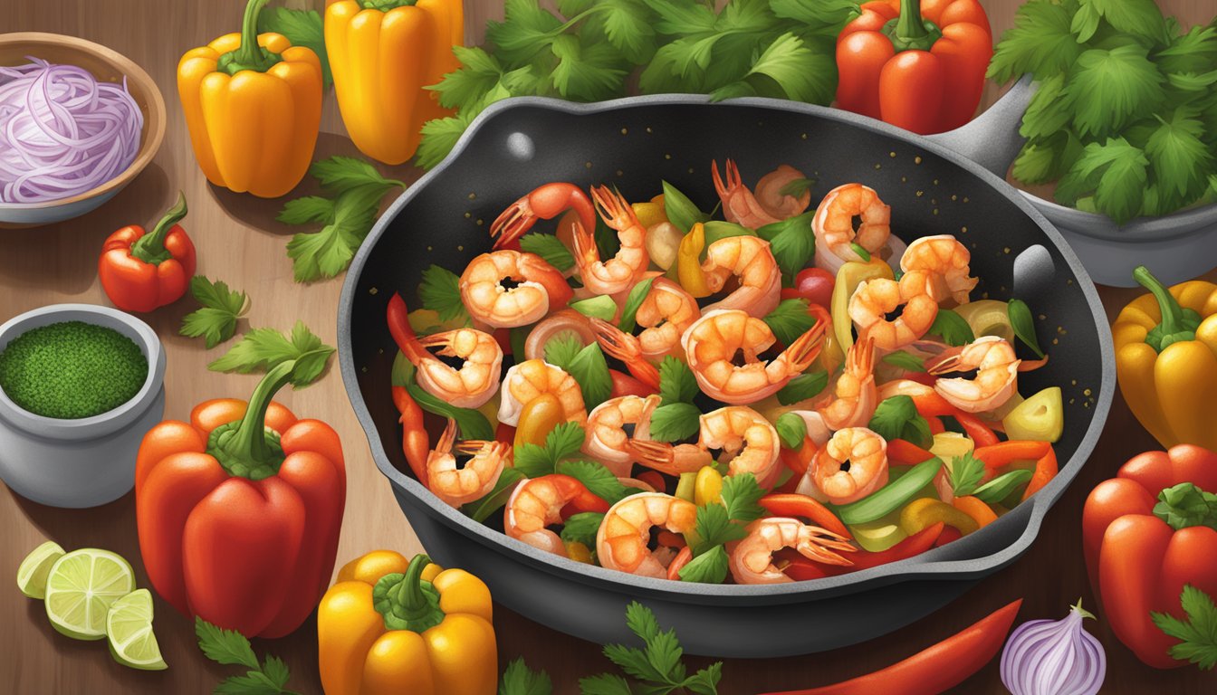 A sizzling skillet of cajun-style shrimp, surrounded by colorful bell peppers and onions, with a sprinkle of fresh herbs on top