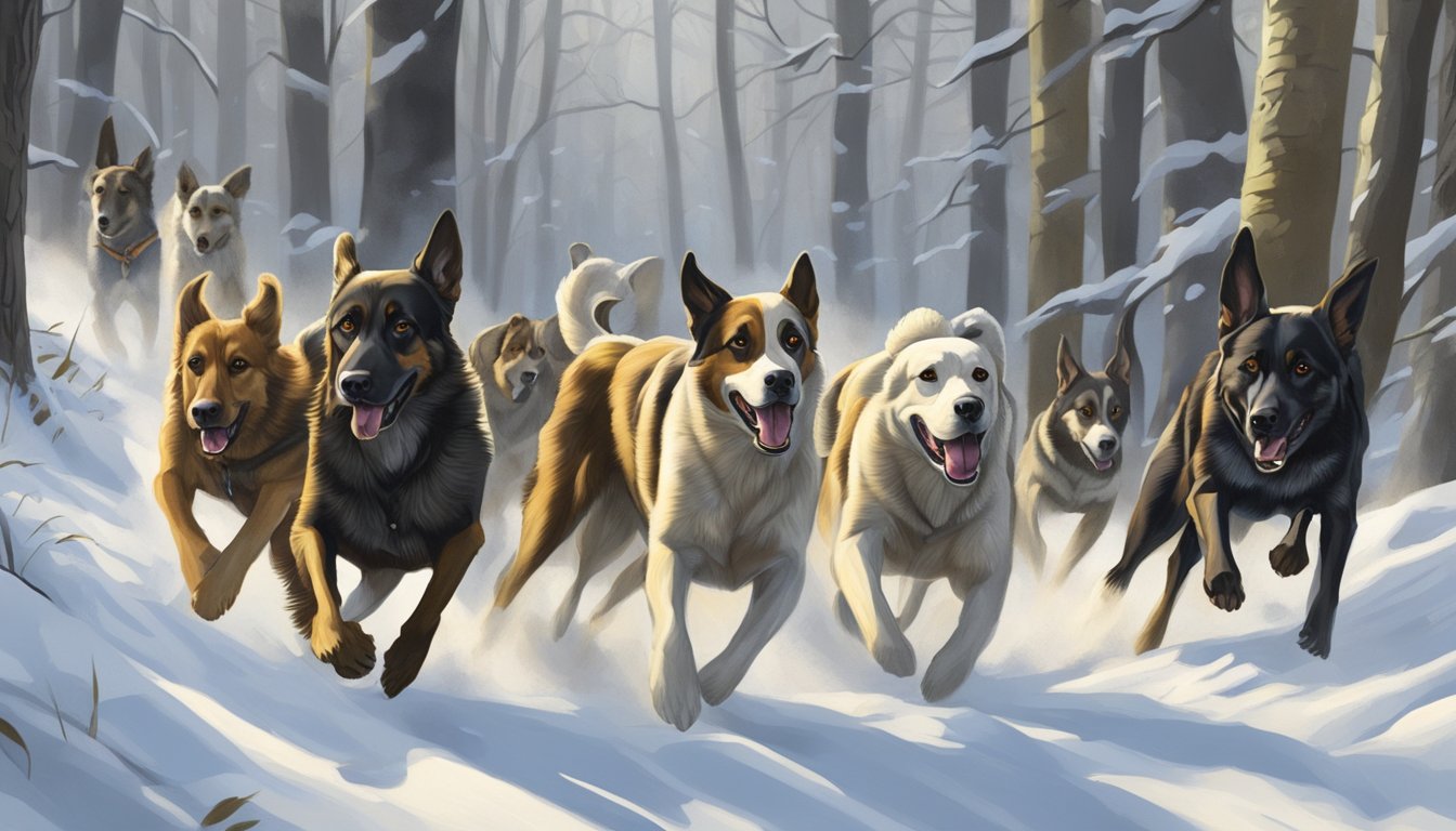 A pack of hunting dogs running through a dense Pennsylvania forest, their noses to the ground as they track their prey