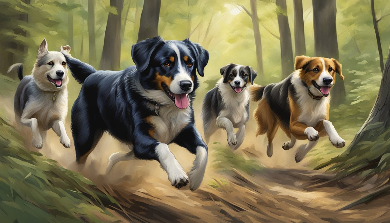 Dogs running through wooded hunting preserve in Pennsylvania