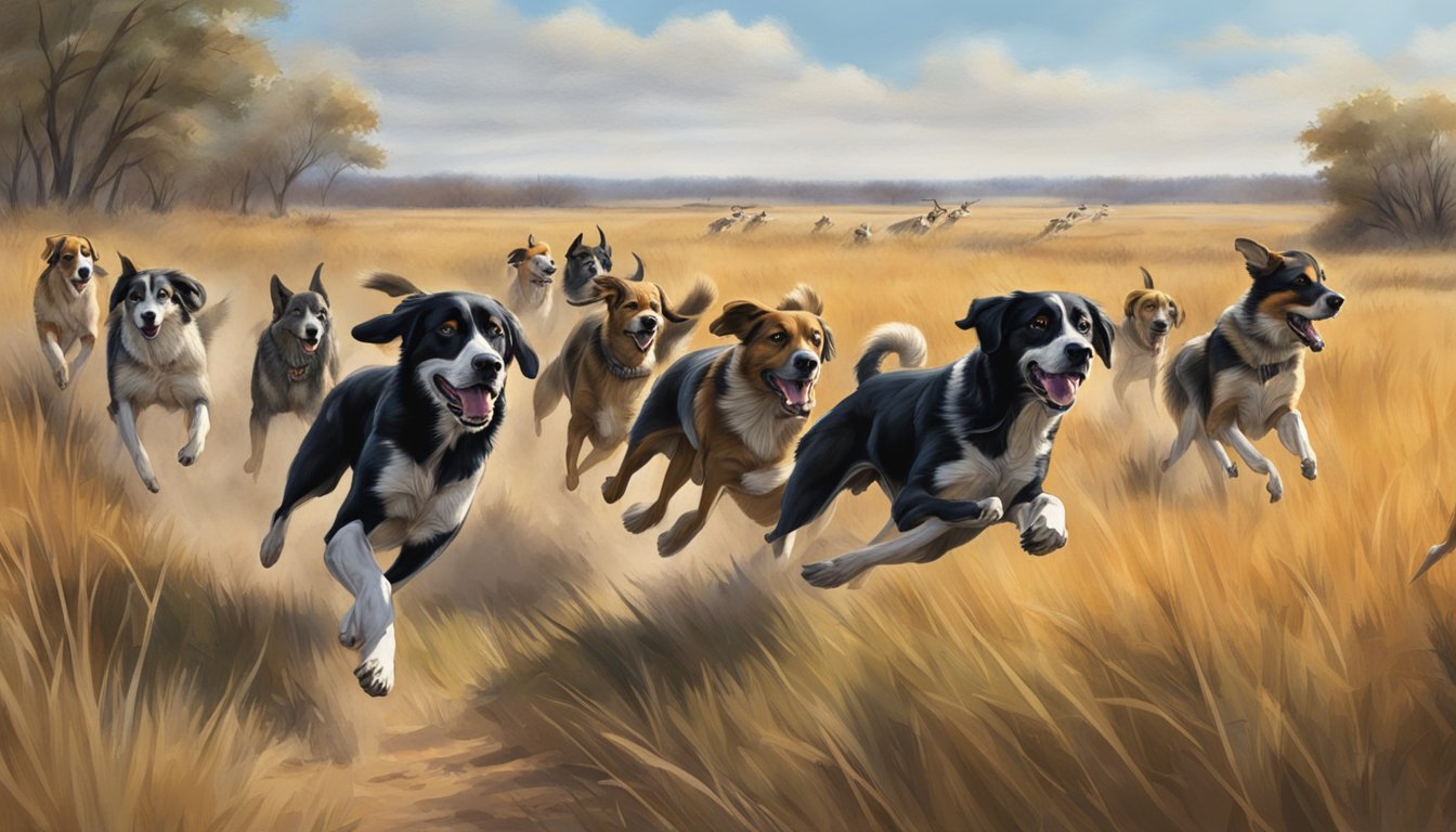 A pack of hunting dogs running through a Kansas field, with hunters in the distance