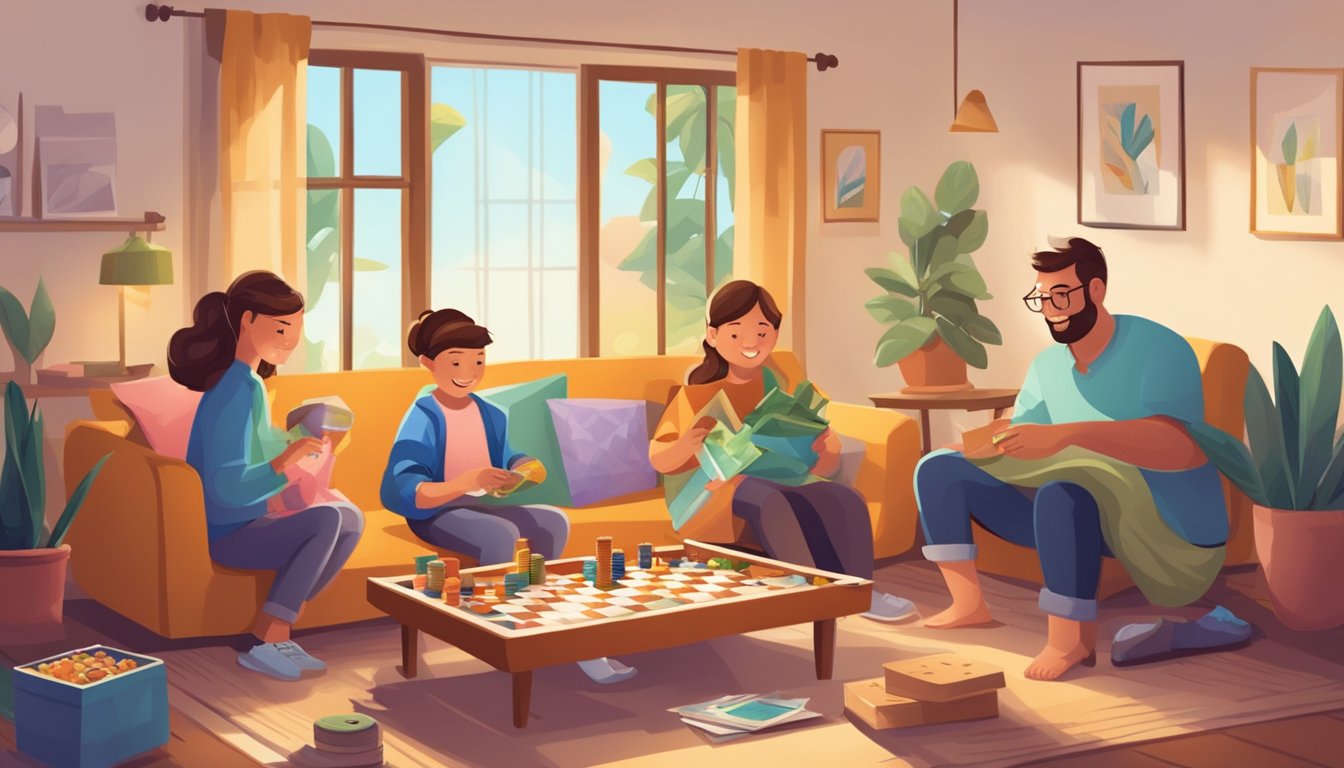 A family plays board games and does crafts together in a cozy living room on a sunny day