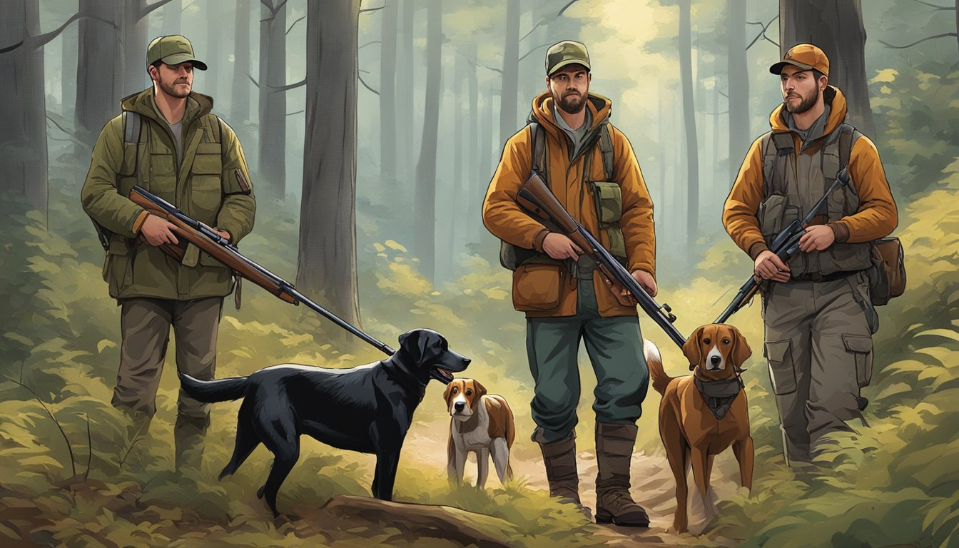 A group of hunters with dogs in a forest, following ethical and best practices guidelines while hunting in Pennsylvania