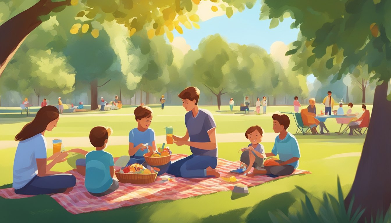 A family picnic in a sunlit park, with a colorful blanket spread out on the grass and a basket of food and drinks. Children play nearby as parents relax and chat