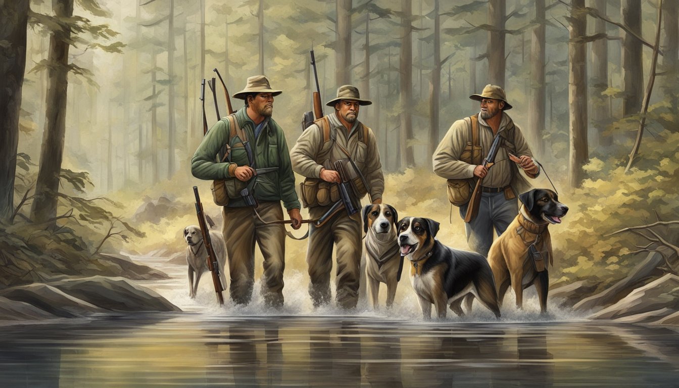 A group of hunters and their dogs trek through the dense Mississippi woods, ready to begin their hunting expedition