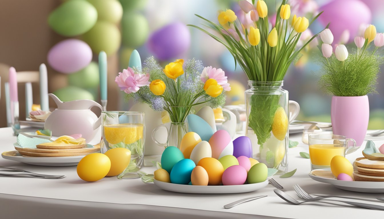 A festive Easter brunch table with a colorful egg display showcasing various creative designs and arrangements