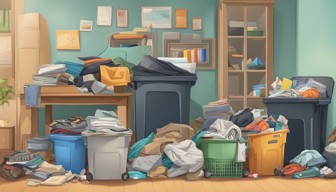 A cluttered room with various items piled up, including old clothing, books, and household items. A trash can and recycling bin are nearby