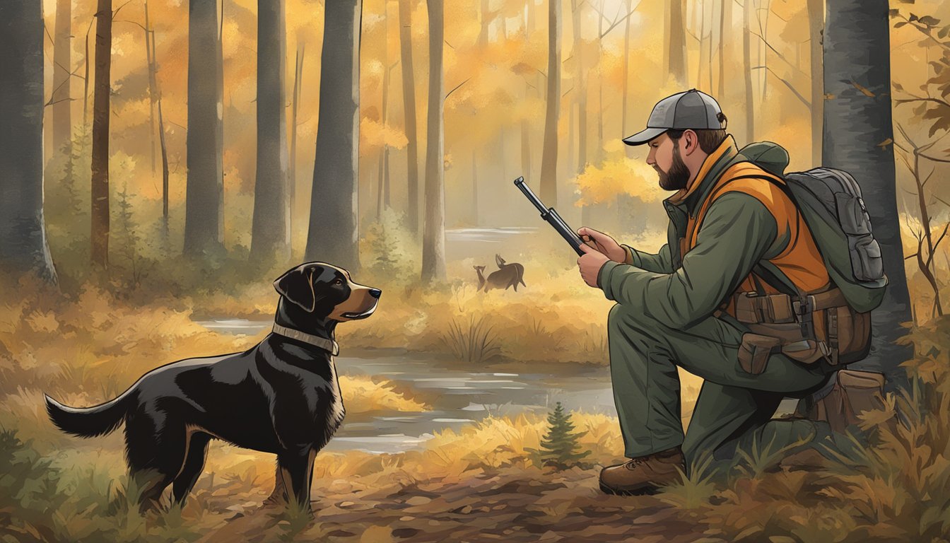 A hunter with a dog in a wooded area, checking a hunting regulation and seasons guide for Mississippi