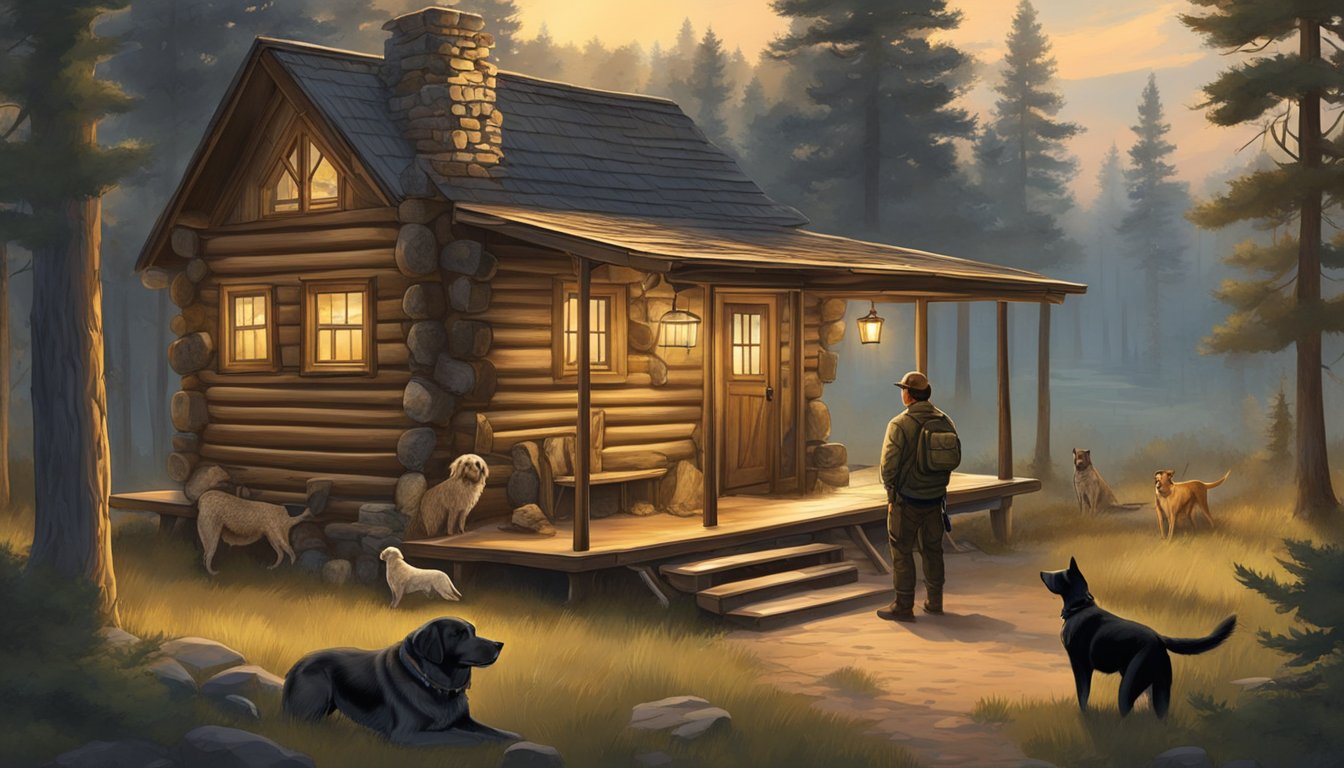 A hunter and their dogs in a rustic cabin in the Kansas wilderness, surrounded by trees and wildlife