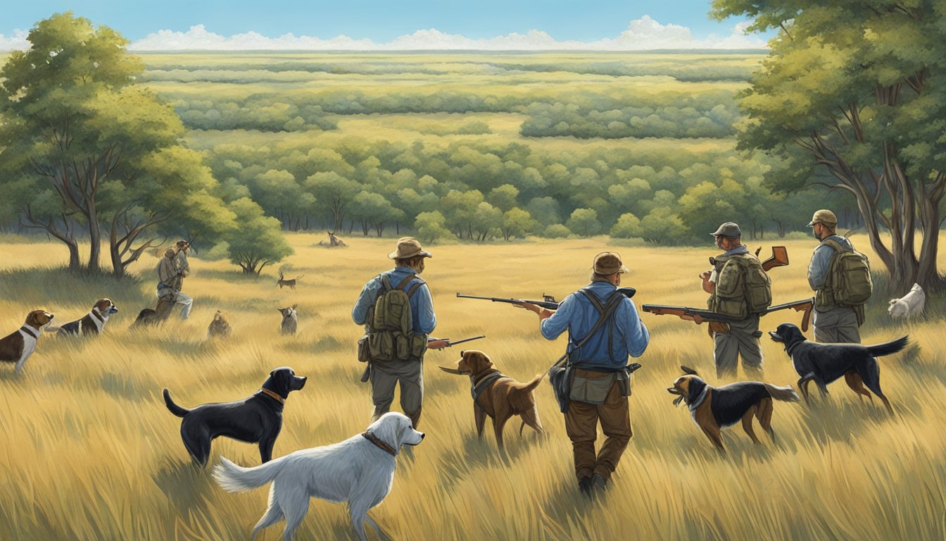 Dogs and hunters in a vast Kansas field, surrounded by trees and bushes, with a clear blue sky above