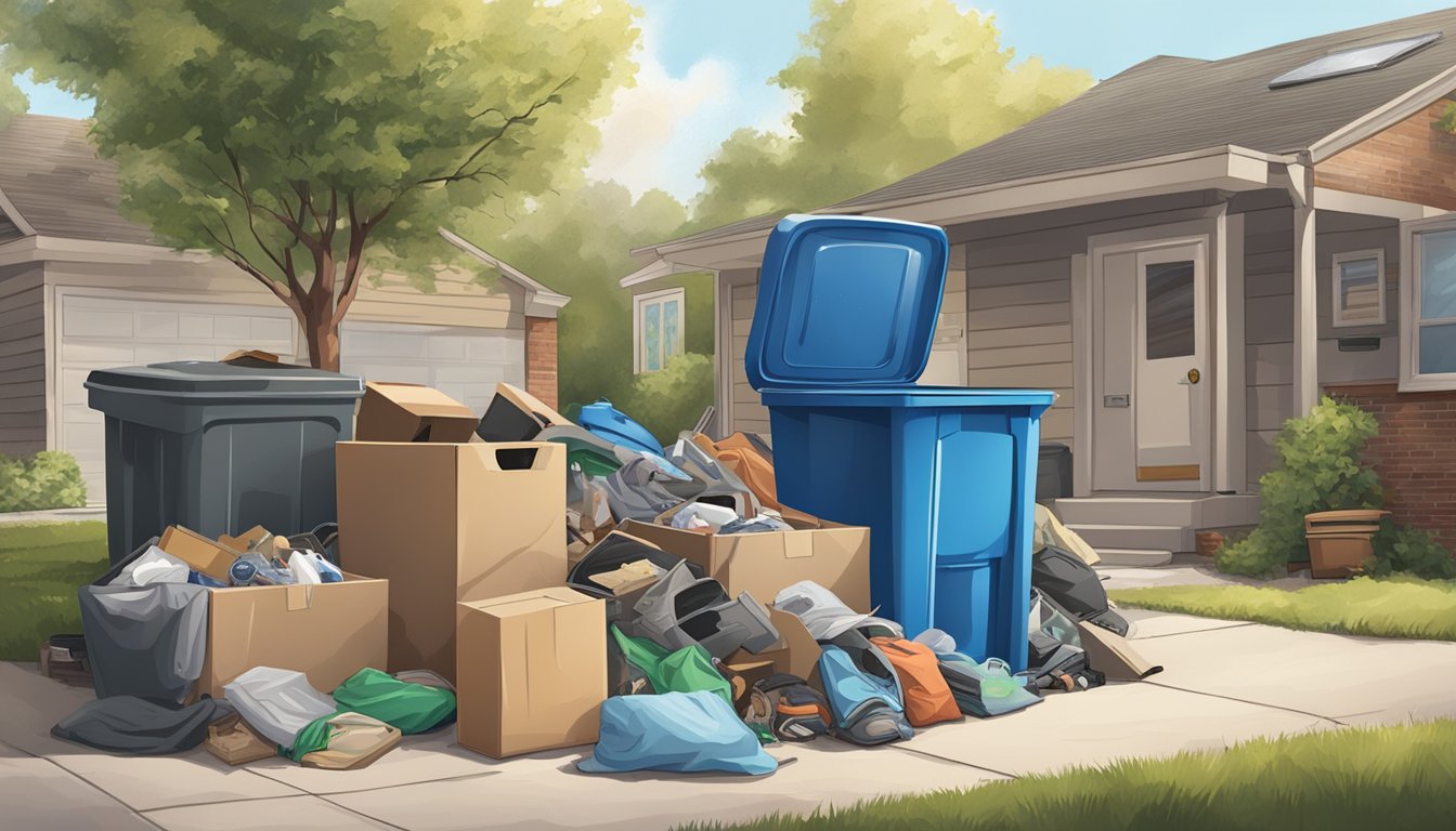 A pile of unwanted items, including old furniture, electronics, and clothing, sits outside a suburban home. A trash can and recycling bin are nearby