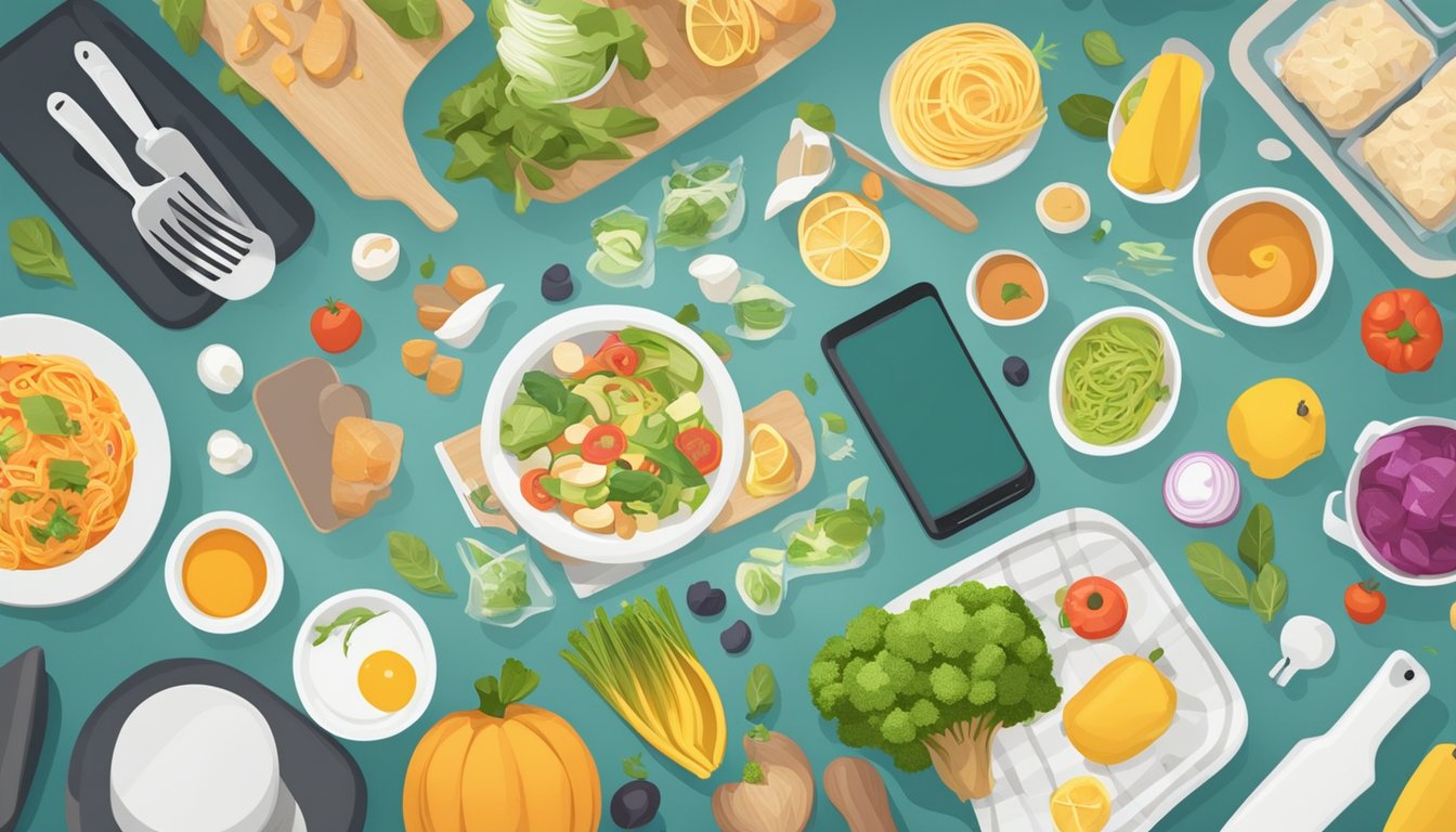 A busy kitchen counter with a smartphone displaying various meal planning app icons. Ingredients and cooking utensils are scattered around