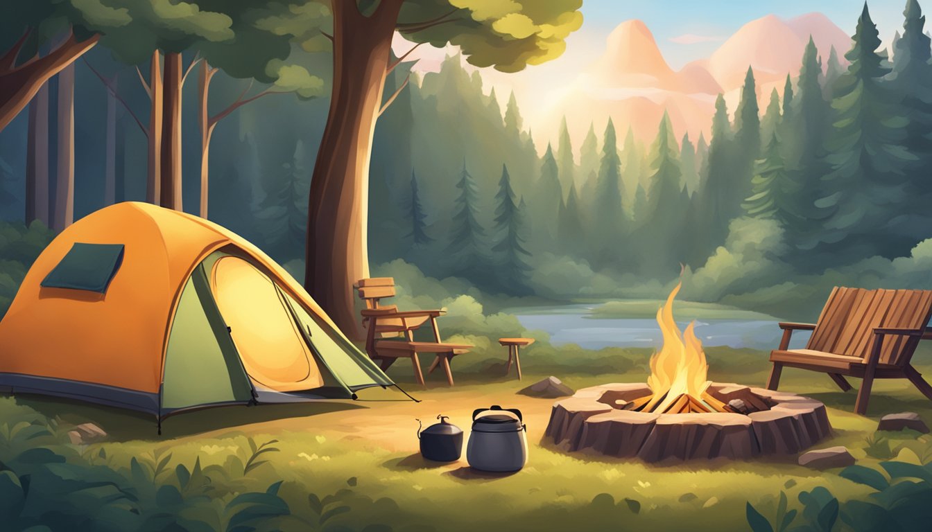 A cozy campsite with a tent, sleeping bags, a campfire, and a picnic table surrounded by trees and nature