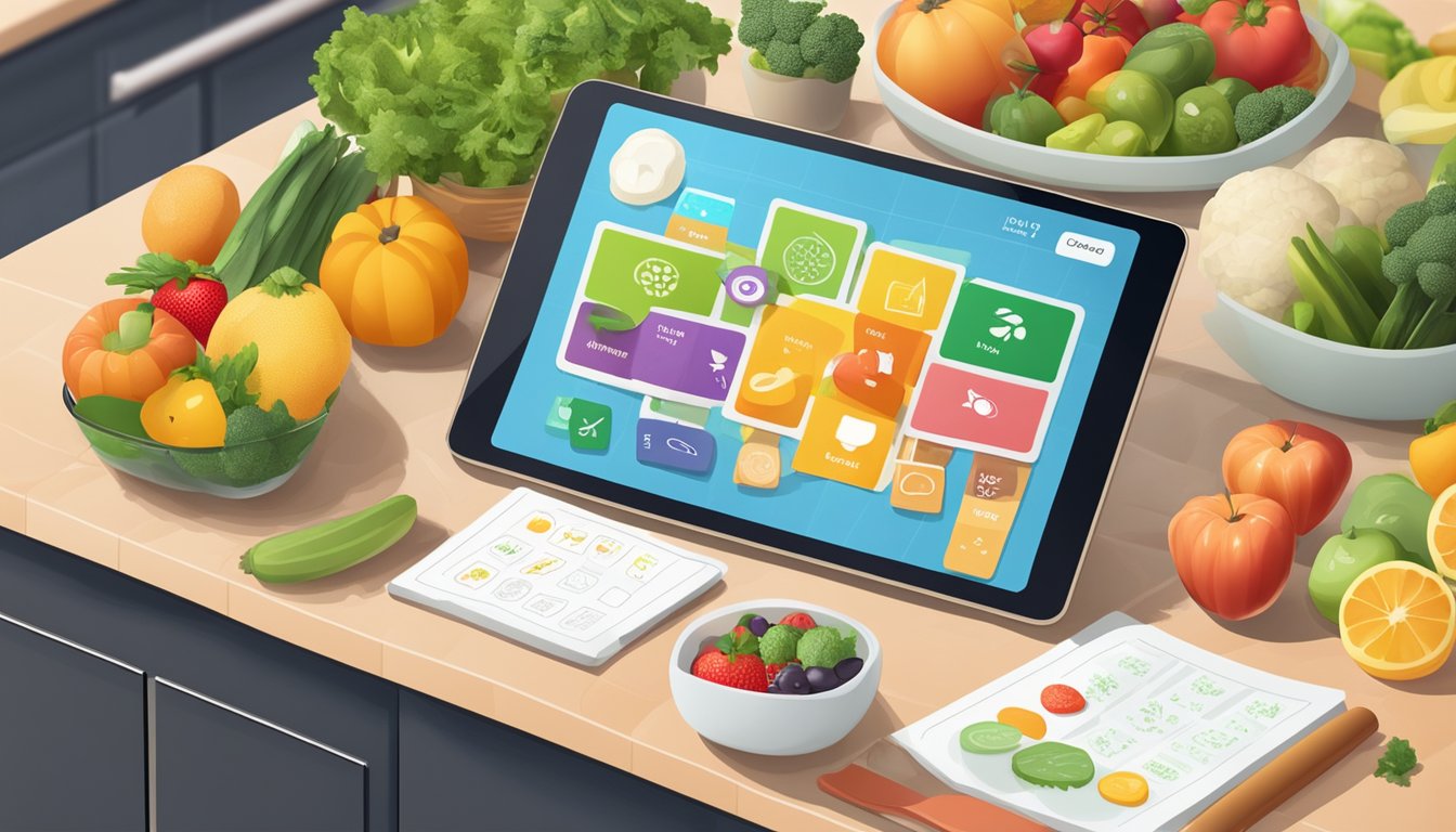 A kitchen counter with a tablet displaying various meal planning app icons, surrounded by fresh fruits, vegetables, and recipe books