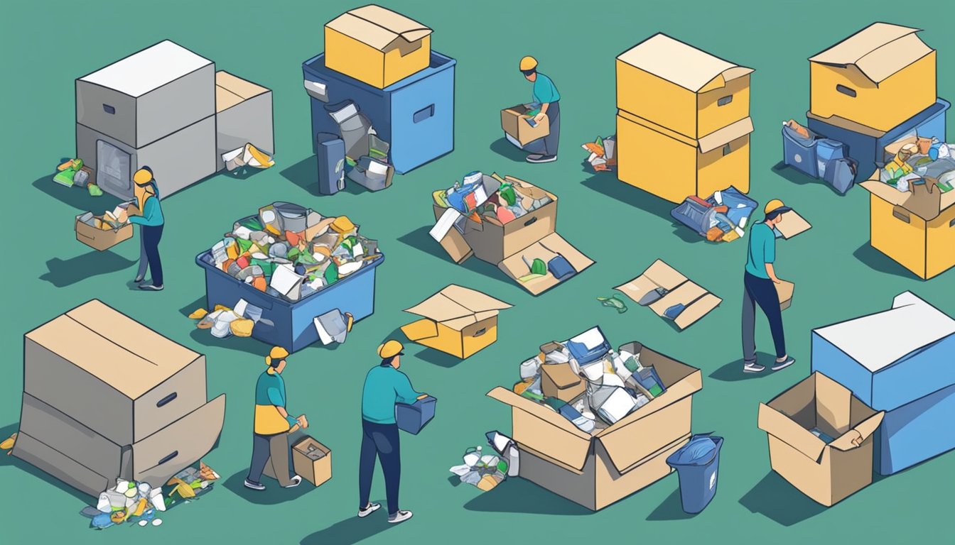 A person sorting through household items, separating them into different piles for recycling, donation, and trash