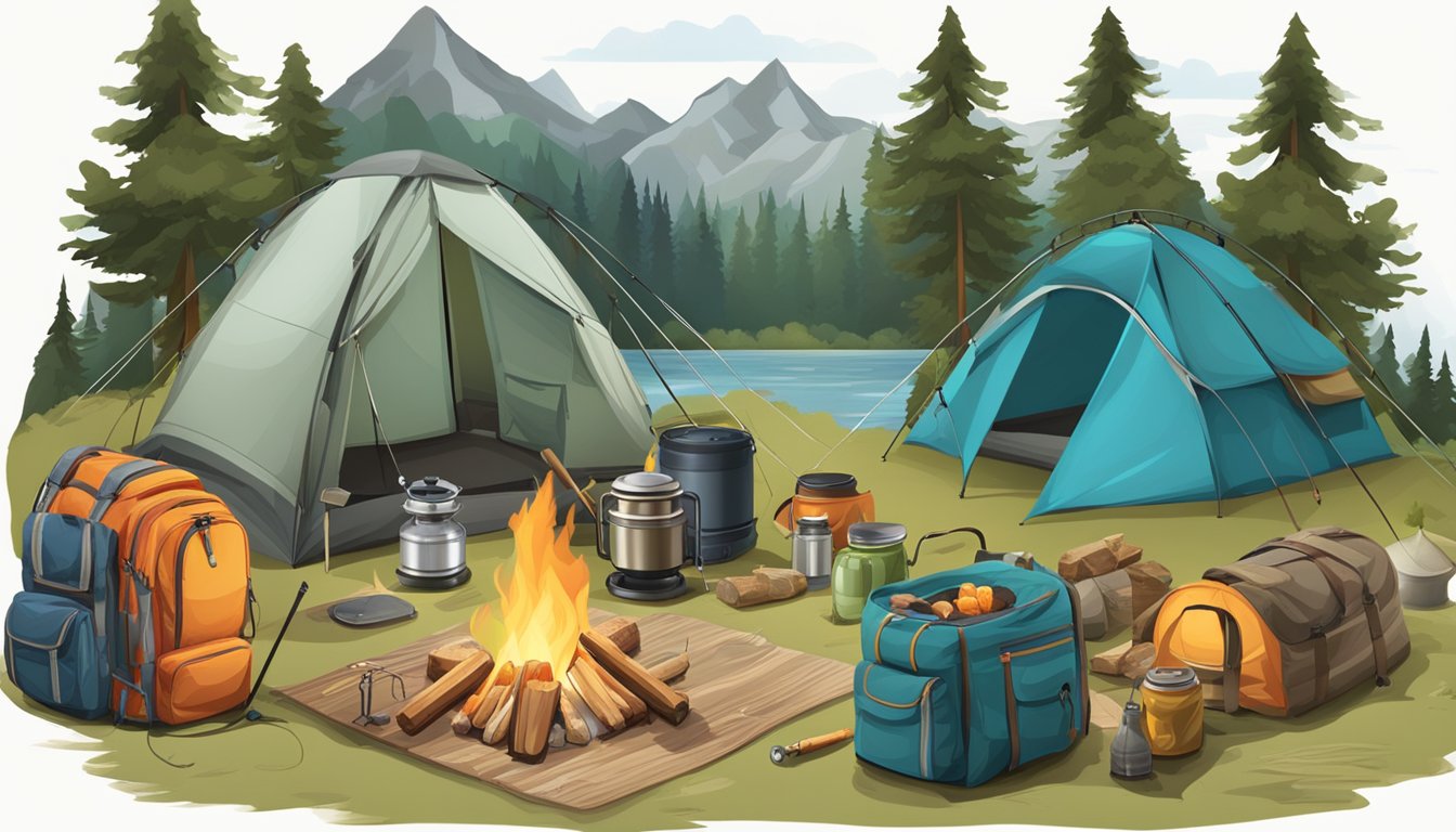 A campsite with a tent, sleeping bags, a campfire, a cooler, a lantern, a backpack, a map, a compass, a cooking stove, and a fishing rod