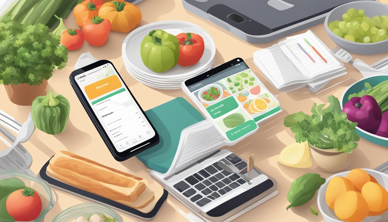 A busy kitchen counter with a smartphone displaying a meal planning app, surrounded by fresh produce and recipe books