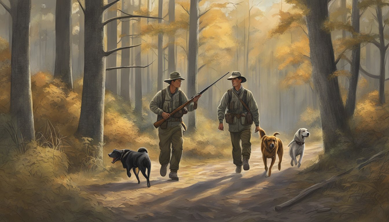 A hunter and two dogs moving quietly through a wooded area in Mississippi, demonstrating responsible hunting practices