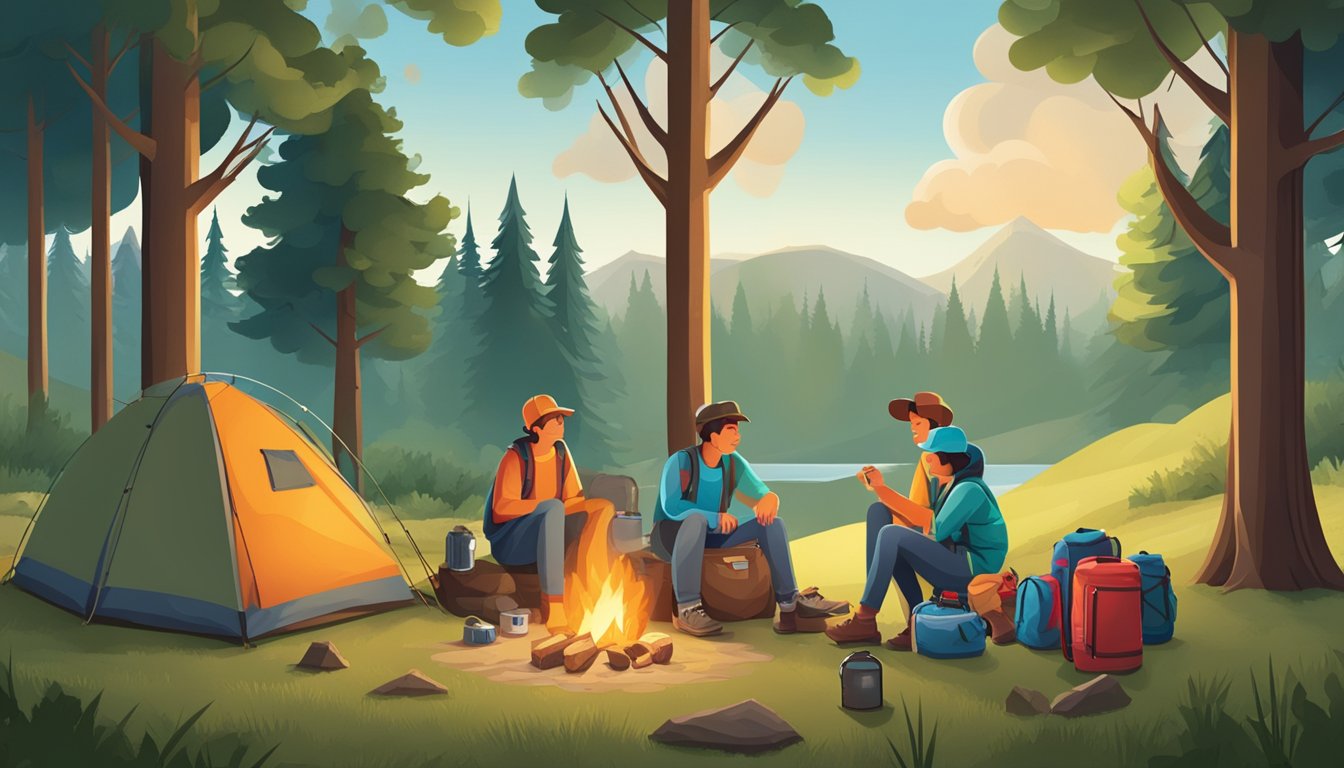 A family camping scene with a tent, cooler, first aid kit, hiking boots, and lantern, surrounded by trees and a campfire