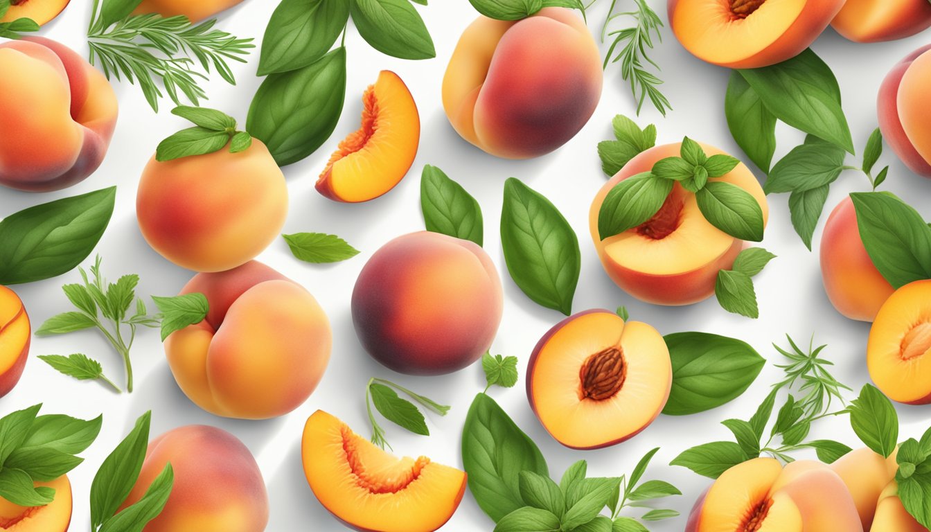 A vibrant display of ripe peaches arranged with fresh herbs and ingredients for summer recipes