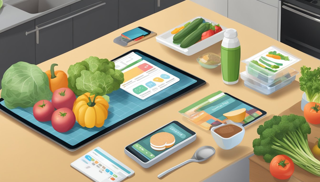 A busy kitchen counter with a tablet displaying a meal planning app, surrounded by fresh produce and grocery bags