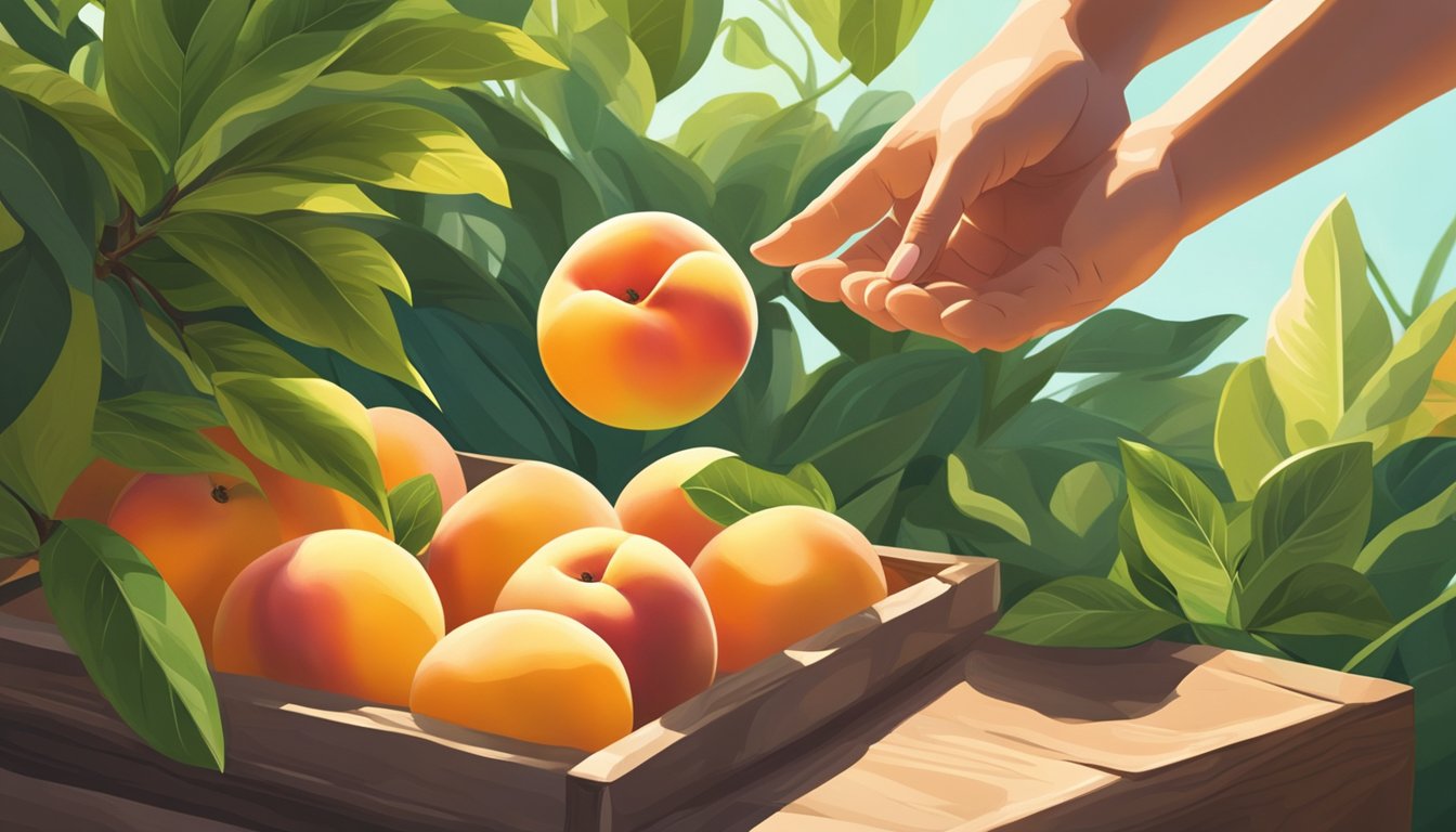 A hand reaching for a ripe peach in a fruit stand display, surrounded by vibrant green leaves and warm sunlight