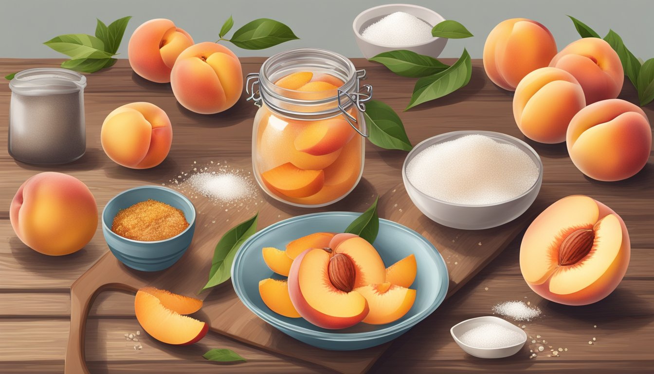 Fresh peaches being washed, sliced, and pitted on a wooden cutting board with a bowl of sugar and a jar of spices nearby