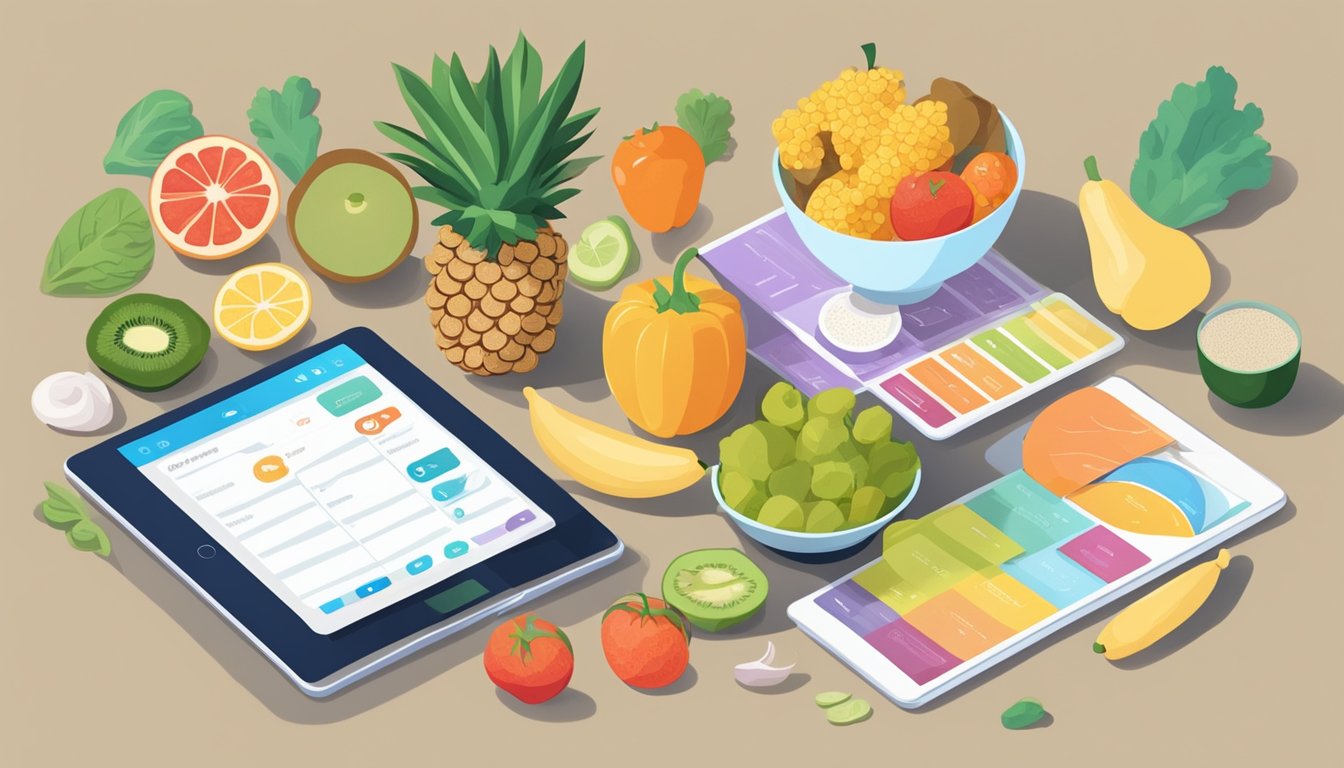 A kitchen counter with fresh fruits, vegetables, and whole grains arranged neatly next to a tablet displaying a meal planning app