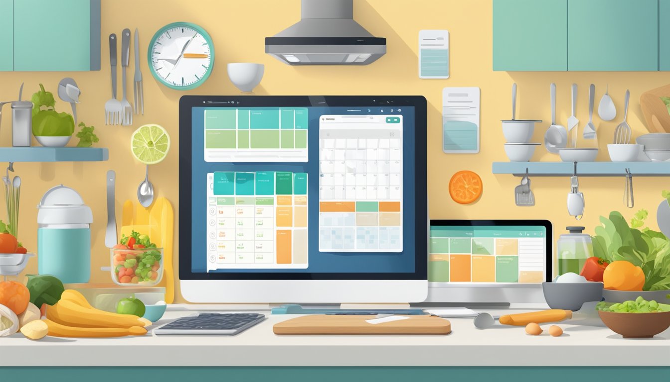 A busy kitchen counter with multiple devices displaying meal planning apps, surrounded by ingredients and a calendar