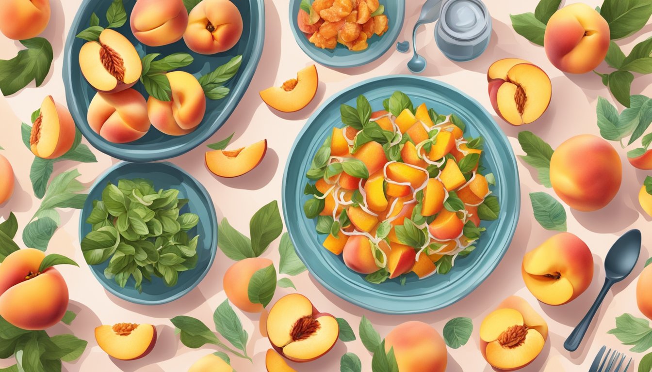 A table filled with various peach dishes, such as peach salsa, grilled peaches, and peach salad, surrounded by vibrant summer decorations