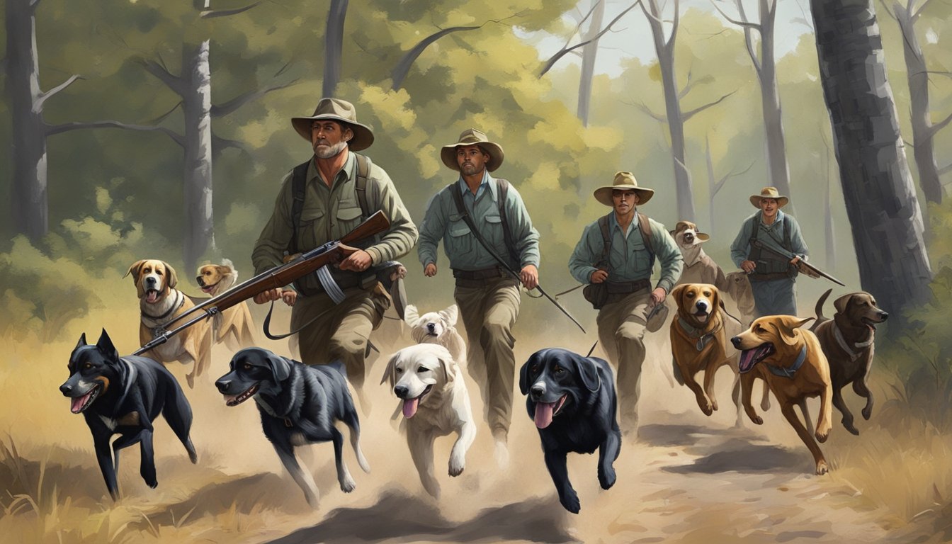 A group of hunting dogs running through a wooded area in Texas, with their handlers following closely behind