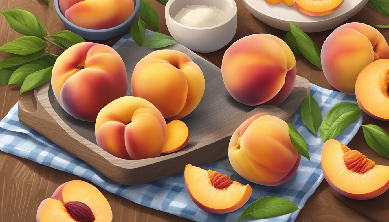 A colorful array of fresh peaches, sliced and arranged on a wooden cutting board, surrounded by bowls of ingredients for summer recipes