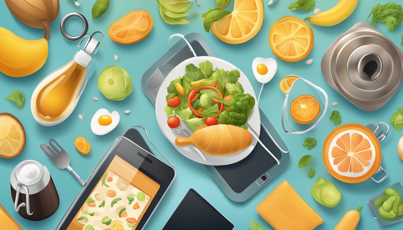 A smartphone with a padlock icon surrounded by various food and kitchen items