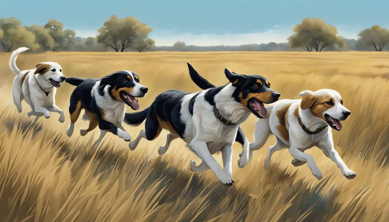 A pack of hunting dogs running through a field in Texas, with a backdrop of trees and a clear blue sky