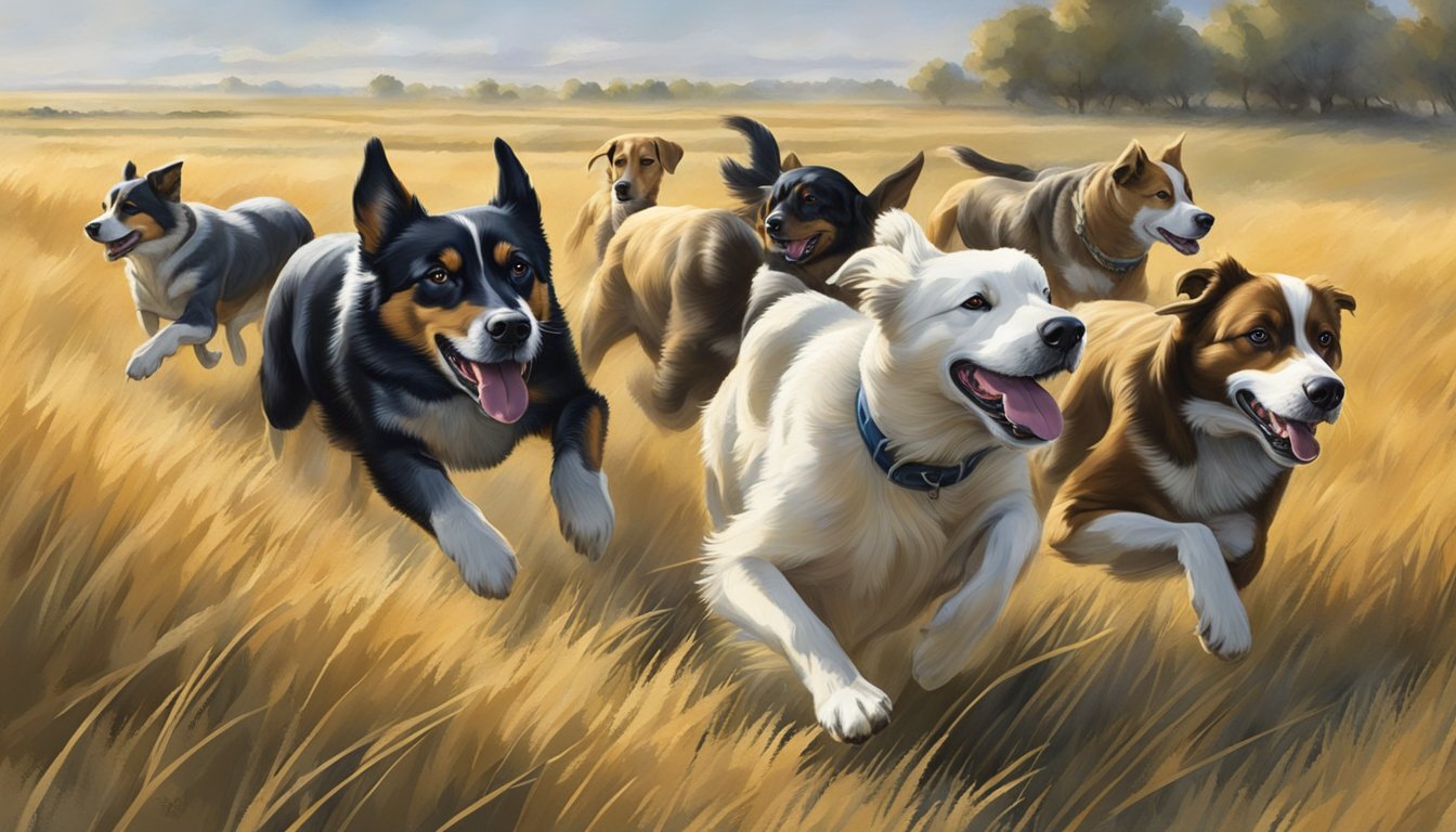 Dogs running through open fields, following the scent of prey in Nebraska