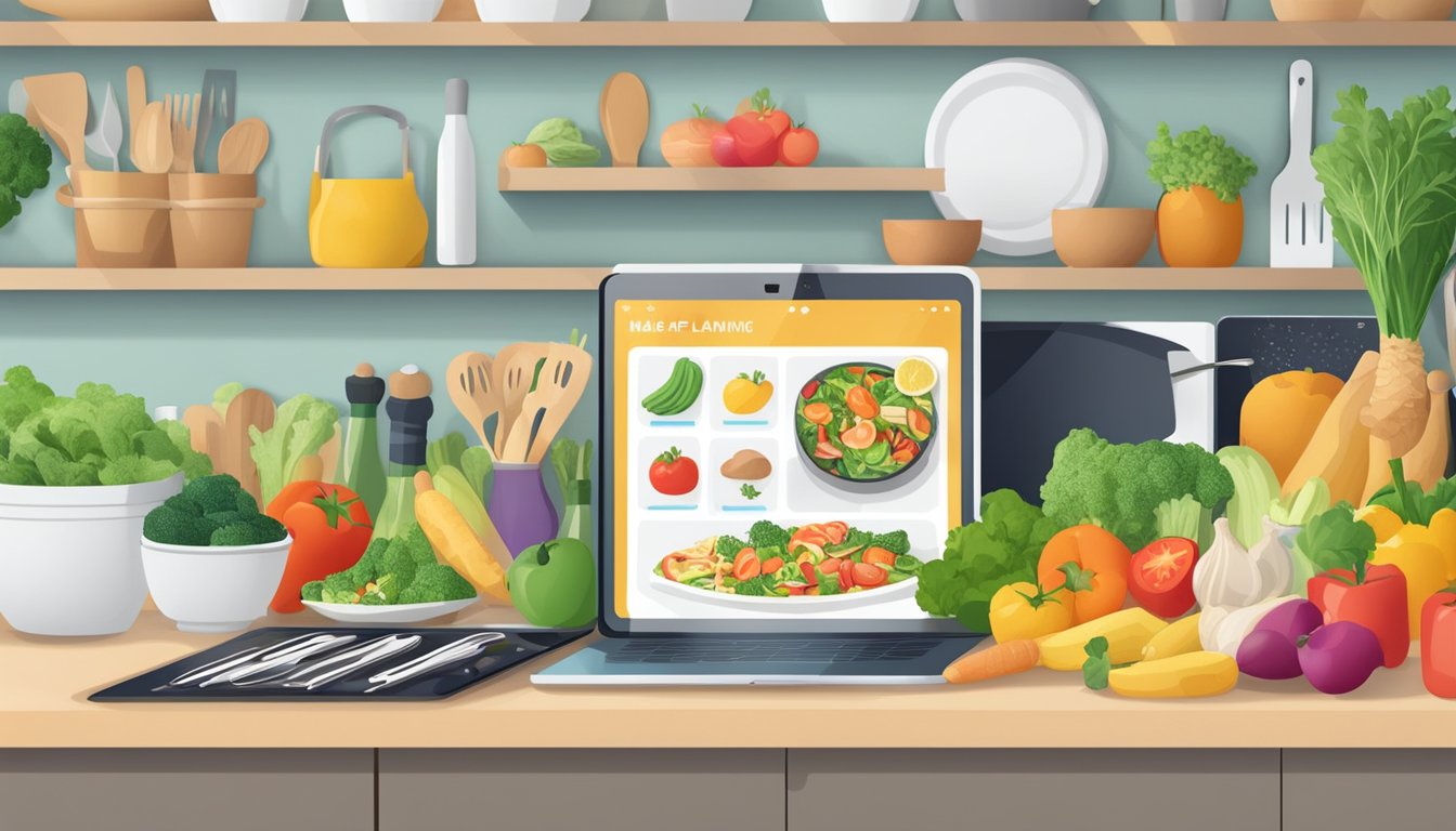 A bustling kitchen with a tablet displaying a meal planning app, surrounded by fresh produce and cooking utensils