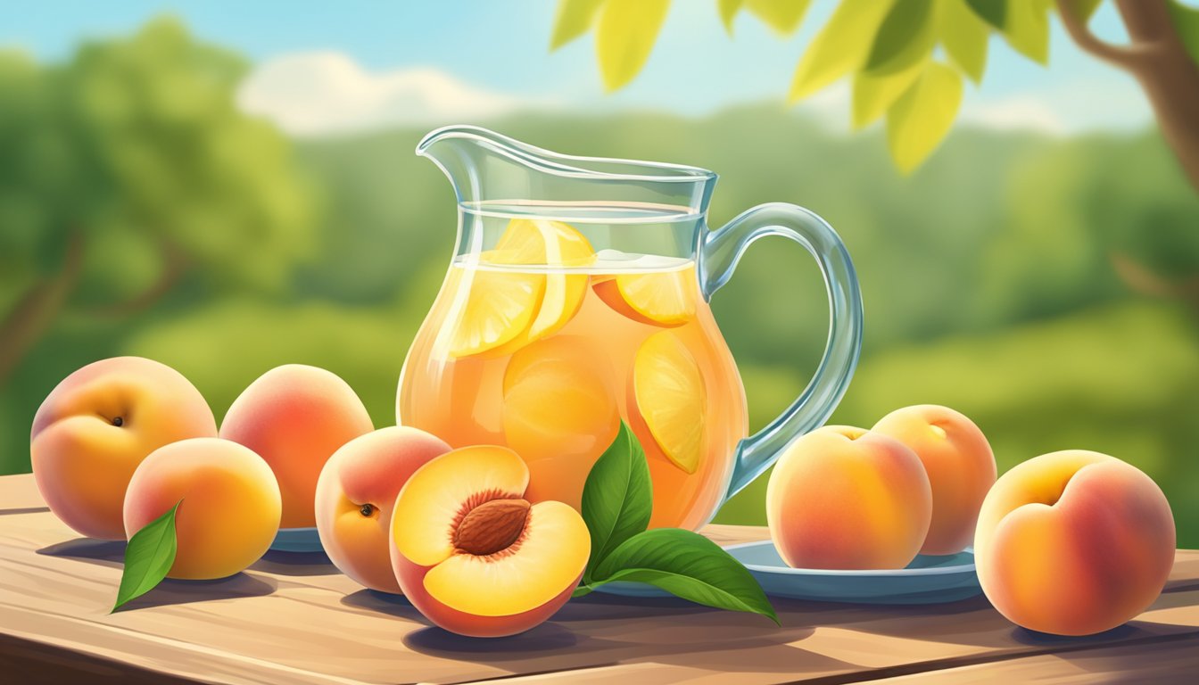 A pitcher of peach lemonade surrounded by ripe peaches and peach slices on a wooden table in a sunny outdoor setting