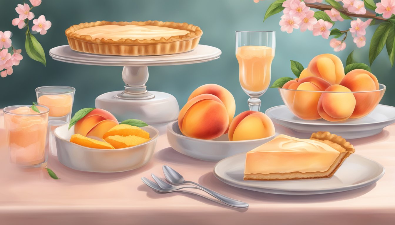 A table set with various peach desserts: peach pie, peach ice cream, peach tart, and peach sorbet, surrounded by fresh peaches and peach blossoms