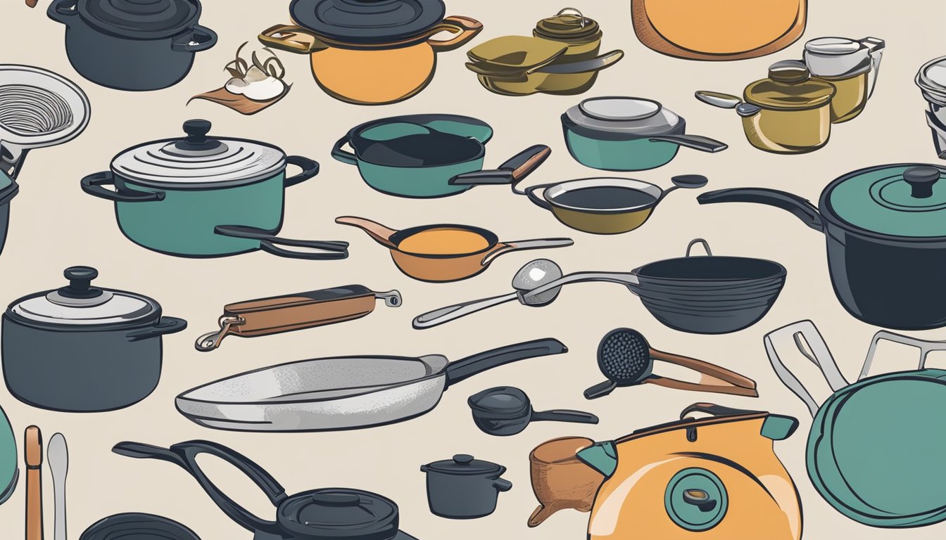 A variety of cookware materials laid out on a kitchen counter, including stainless steel, cast iron, nonstick, and copper, with various cooking utensils nearby