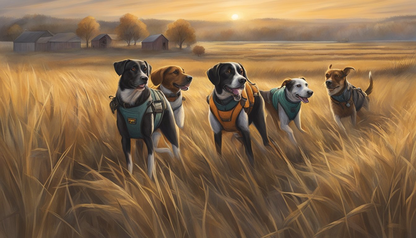 Dogs in vests hunting in Nebraska fields, following regulations and ethical practices