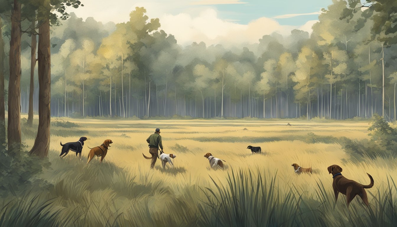 A spacious field with tall grass, surrounded by dense woodland. A few hunting dogs are seen training with their handlers, practicing commands and retrieving objects